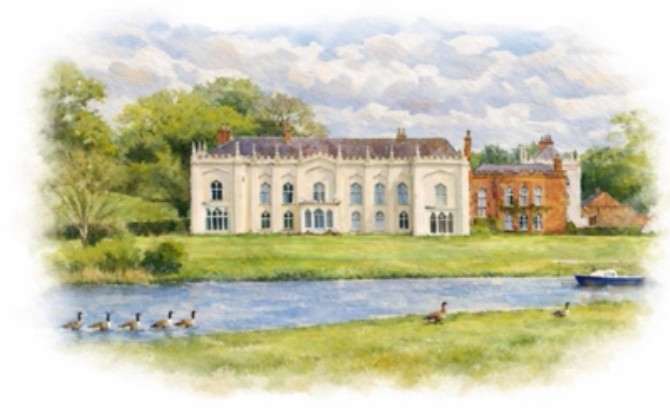 Watercolour of Combermere Abbey beside the mere